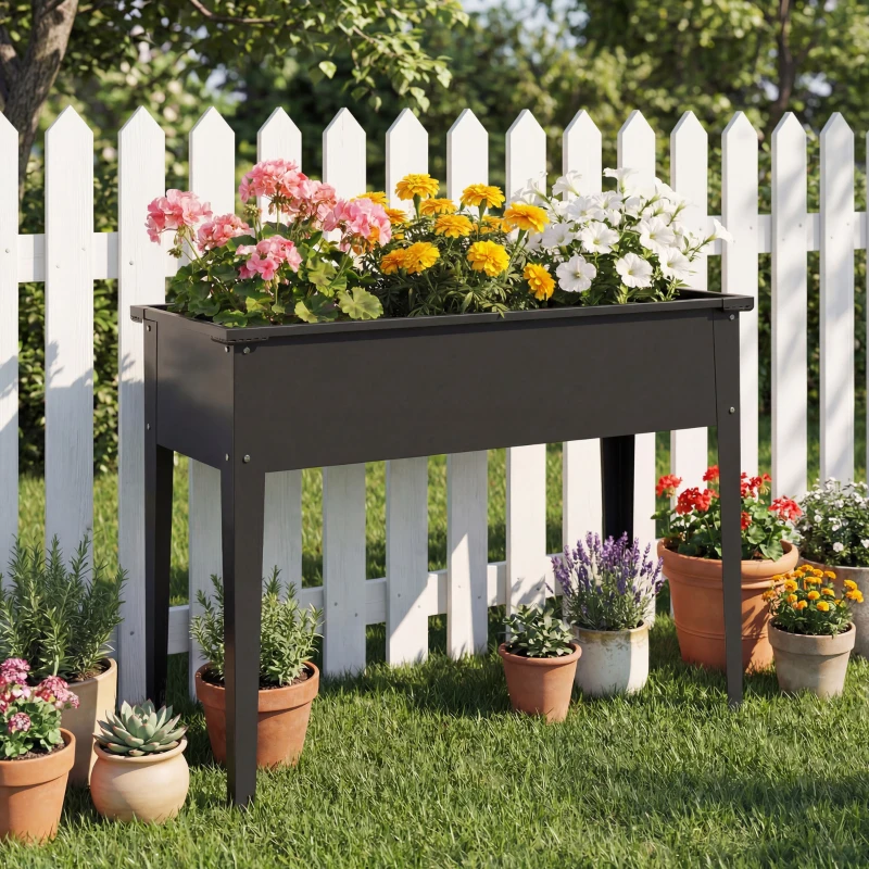 Outsunny Potager sur Pieds en Métal, Jardinière Surélevée 80L avec bords arrondis, Trou de Drainage, 100 x 40 x 80 cm, Noir
