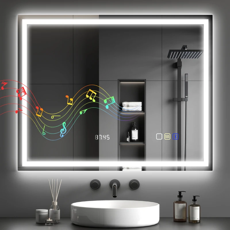 HOMCOM Miroir salle de bain LED bluetooth 80 x 100 cm interrupteur tactile lumière réglable 3 couleurs anti-buée mémoire argent