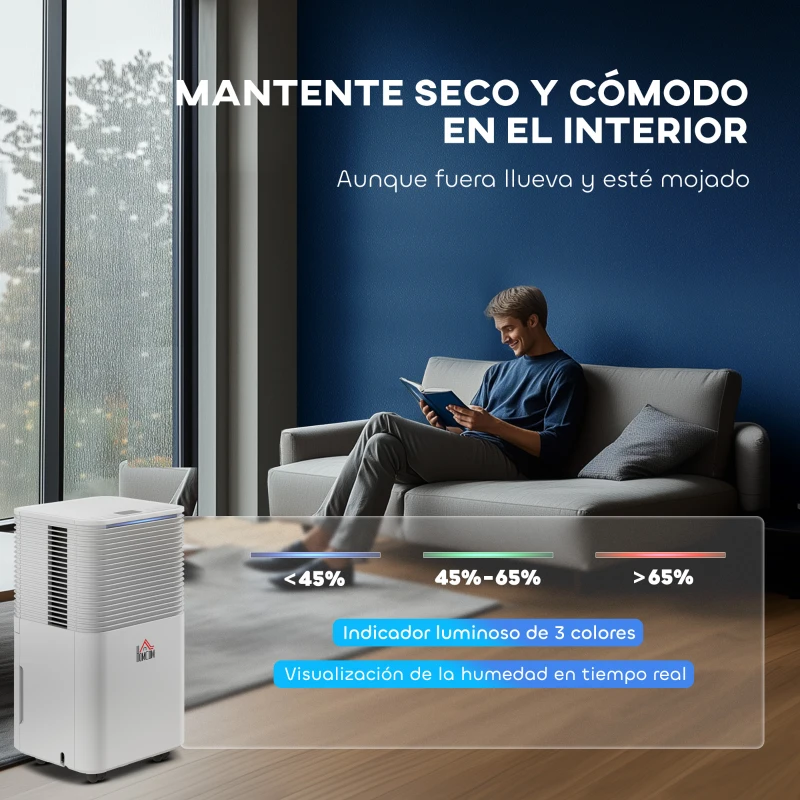 HOMCOM Deshumidificador 10L/día Silencioso con 3 Modos Pantalla LED Temporizado 24H Bloqueo Infantil y Drenaje Continuo Blanco