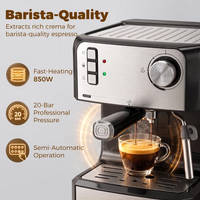 HOMCOM Espresso Machine, 20-Bar Semi Automatic Cappuccino Coffee Maker with Frother Wand, 1.6 L Water Tank, Black