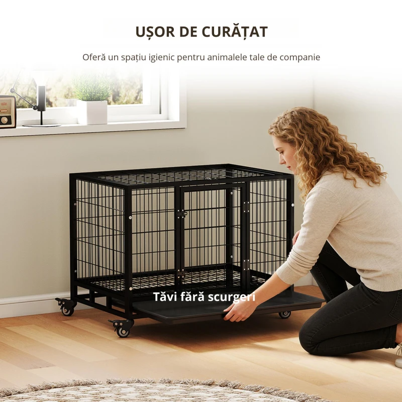 PawHut Cușcă Boxă pentru Câini și Cățeluși, Utilizare Interior/Exterior, Cadru Metalic Robust cu Rotițe, 92×62×75 cm, Negru