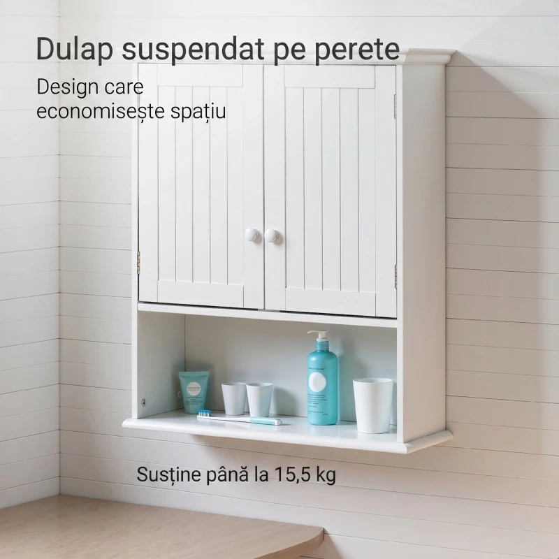 kleankin Dulap Suspendat pentru Baie cu Dulăpior cu 2 Uși și Raft Deschis, Poliță Internă Reglabilă, Alb
