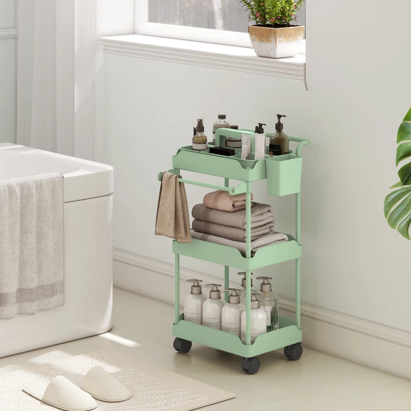 HOMCOM Carrito Auxiliar con Ruedas de 3 Niveles Carrito de Cocina con Cestas Extraíbles y Soporte para Toallas Verde