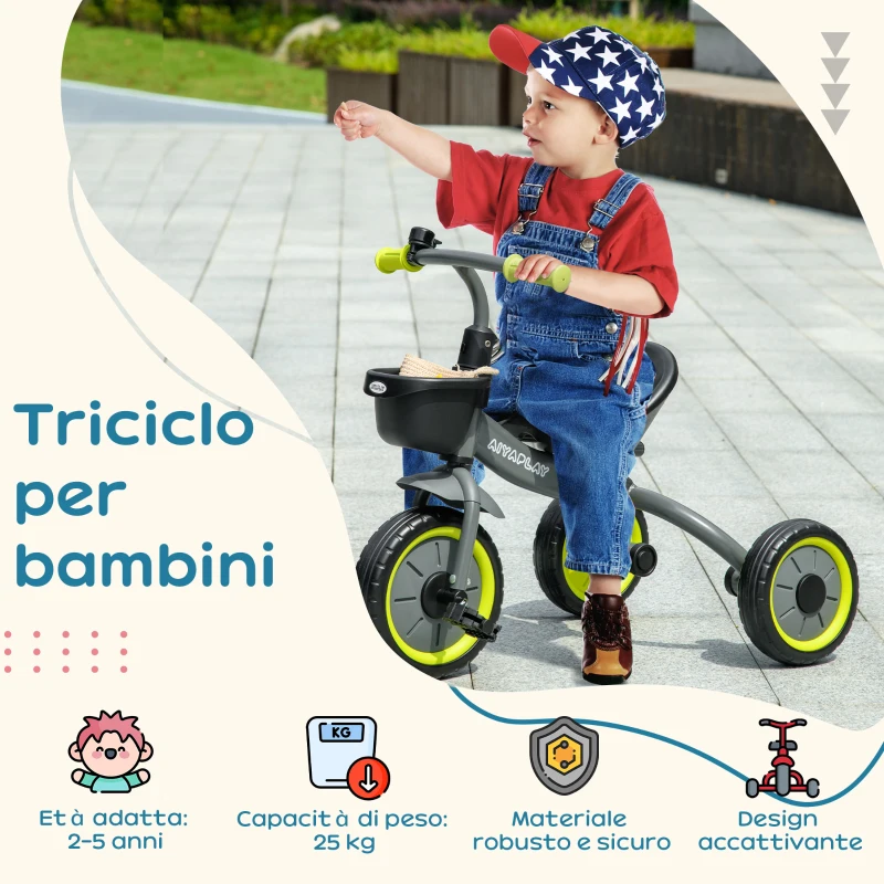 AIYAPLAY Triciclo per Bambini da 2-5 Anni con Seduta Regolabile e Campanello, 70.5x50x58cm, Nero