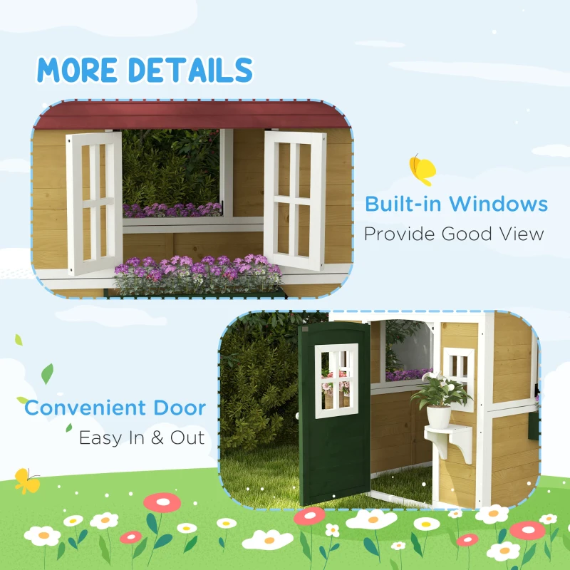 Outsunny Casita de Madera Infantil con Puerta Ventanas Jardineras y Repisas con Detalles de Color 114x126,4x135 cm Natural