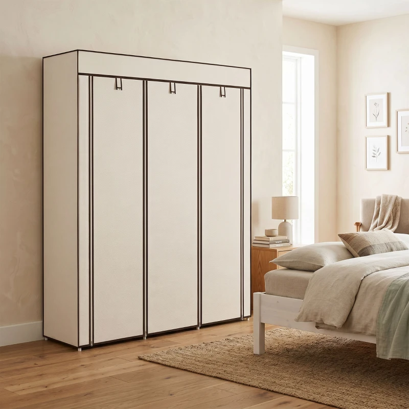 HOMCOM Armoire penderie multi-rangement - 8 étagères, 2 barres - non tissé crème