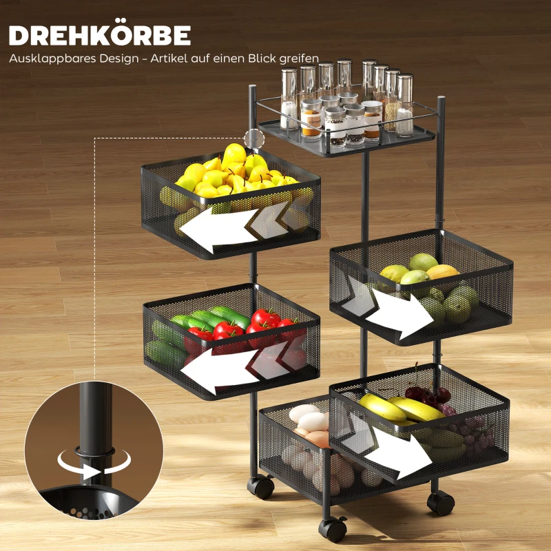 HOMCOM Küchenwagen, 5 drehbare Körbe, 4 Lenkrollen, Metallrahmen, Schwarz