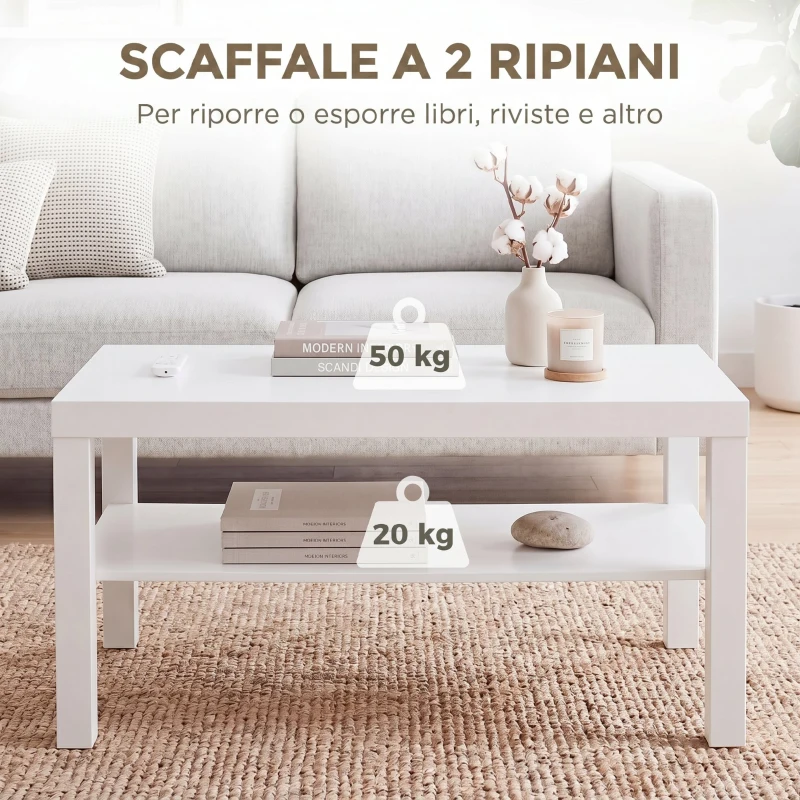 HOMCOM Tavolino da Salotto Rettangolare con Ampio Ripiano, 90×45×44.5 cm, Bianco