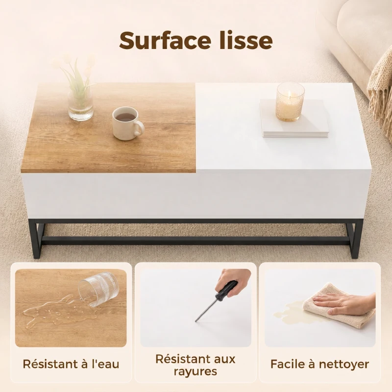 HOMCOM Table Basse Extensible avec Plateau Coulissant, Table de Salon avec Rangement Caché et Pieds en Acier, Blanc