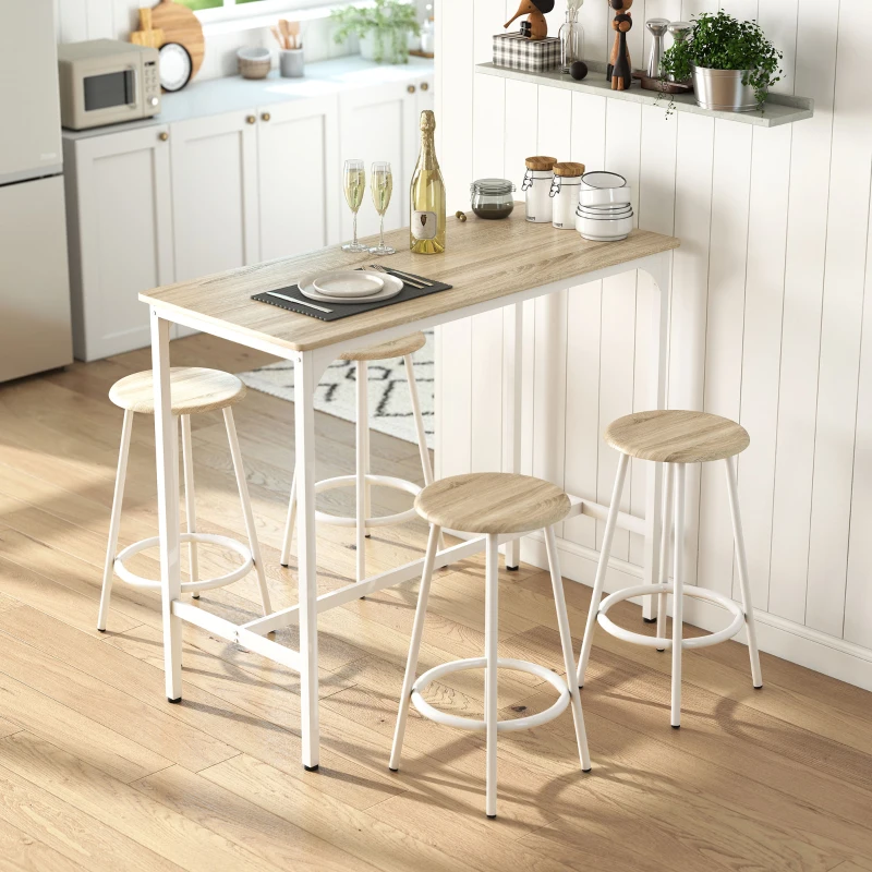 HOMCOM Set de Dining 5 Piese cu Bar 110 x 50 x 89,5 cm și Scaune Ø30 x 60,5 cm din Lemn și Metal Nuanță Lemn și Alb