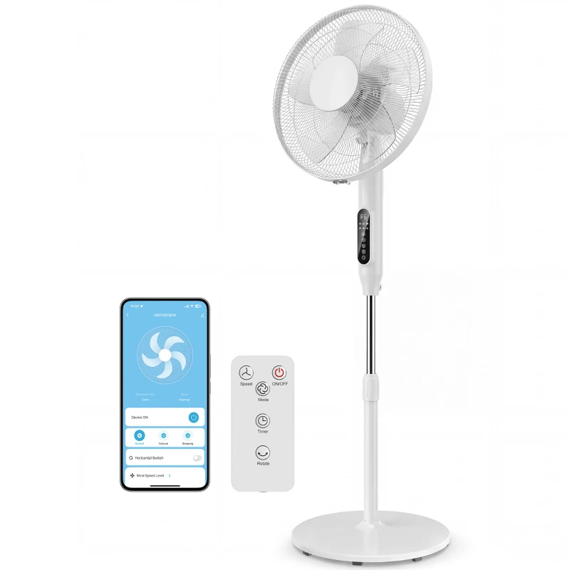 HOMCOM Ventilateur sur pied contrôlé par APP, ventilateur 45 cm avec télécommande, 3 vitesses, 3 modes, hauteur réglable, blanc