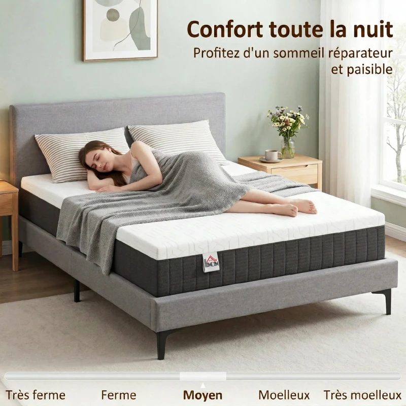 HOMCOM Matelas 140 x 190 cm, 25 cm d'épaisseur, mousse à mémoire de forme, ressorts ensachés 7 zones, fermeté moyenne