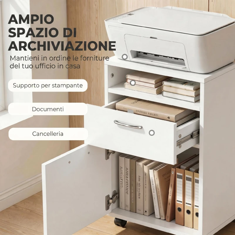 HOMCOM Schedario da Ufficio con Cassetto, Armadietto, Ruote a Freno e Ripiano Aperto, Cassettiera Ufficio per Lettera/Legale/Formato A4, Armadio Verticale per Studio, 40x35x60 cm, Bianco