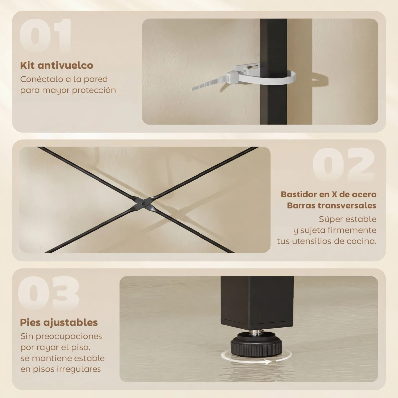 HOMCOM Estantería de Cocina con 2 Tomacorrientes Estante para Microondas Estante Ajustable Ganchos 60x42x137 cm Marrón Rústico