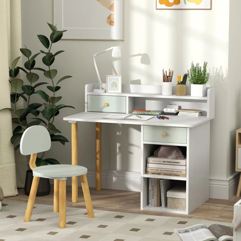 AIYAPLAY Two-Piece Children Study Table with Hutch, Kids Desk and Chair Set with Storage, Drawer, Shelves, Green