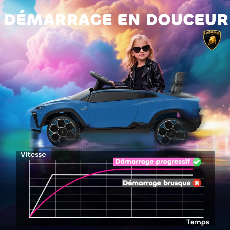 AIYAPLAY Voiture électrique enfant véhicule électrique Lamborghini 12V télécommande 2,4G et 2 moteurs vitesse max. 4 km/h bleu