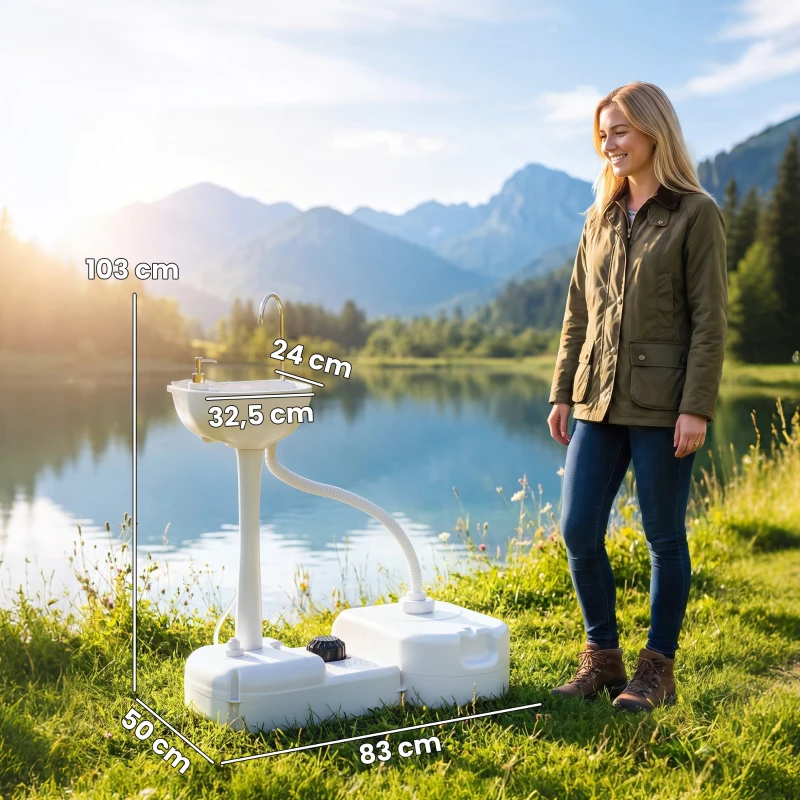 Outsunny Fregadero Portátil Lavamanos para Actividades al Aire Libre o Camping con Tanques de Recuperación de Agua 17 L Dispensador de Jabón Bomba de Pie y 2 Ruedas HDPE 83x50x103 cm Gris Claro