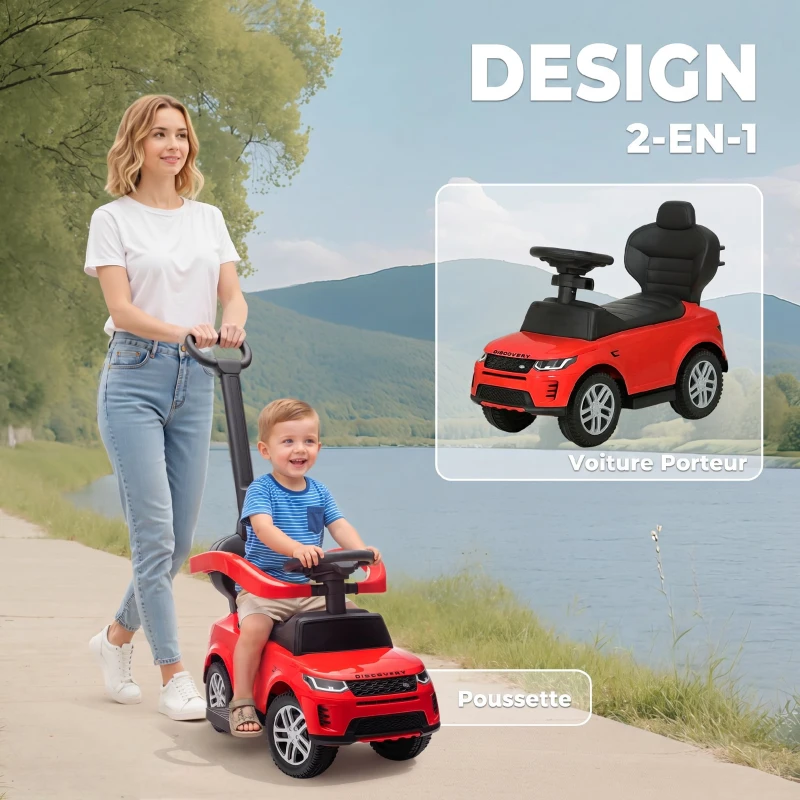 AIYAPLAY Porteur enfants Land Rover Discovery sous licence, porteur voiture à pousser avec poignée amovible, 84x40x94,5cm, rouge