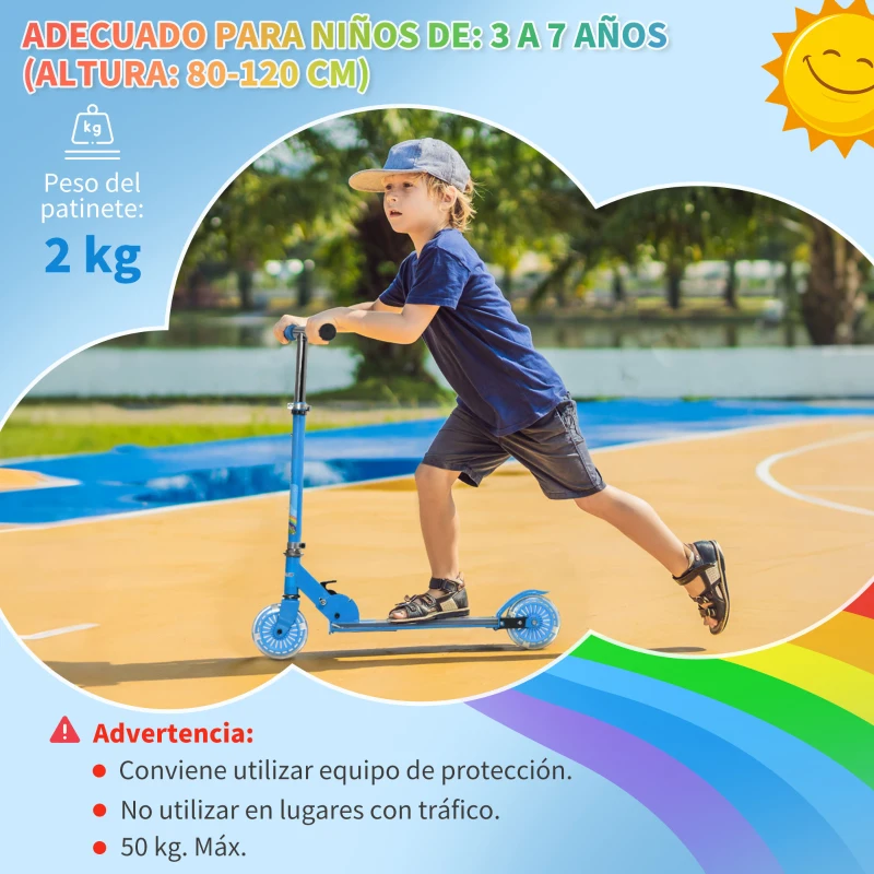 HOMCOM Patinete Infantil Plegable con Luces Música Altura Ajustable Ruedas Brillantes Pedal LED Carga 50kg 67x32x65-78 cm Azul