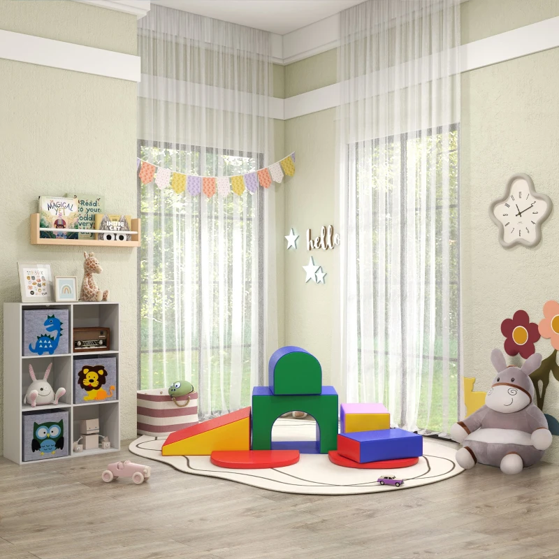 ZONEKIZ Librería para Niños de +3 Años con 6 Compartimientos y 3 Cajones de Tela no Tejida 61,8x29,9x91,5 cm Blanco y Gris