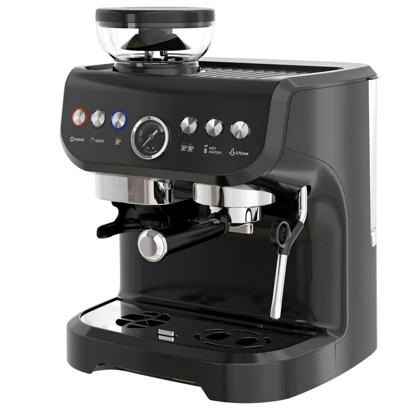 HOMCOM Machine à expresso 1600W avec moulin à grains, buse vapeur, pompe italienne 15 bars, réservoir d'eau 2 L, noir
