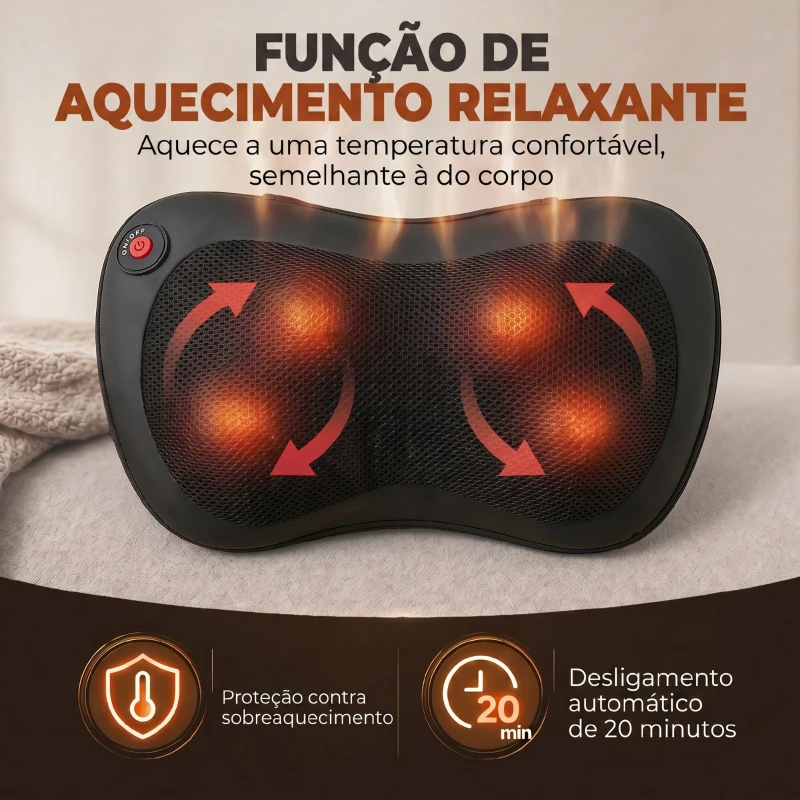 HOMCOM Almofada de Massagem Shiatsu com Calor e 4 Nós Rotativos 3D Alívio da Fadiga Muscular para Mulheres e Homens