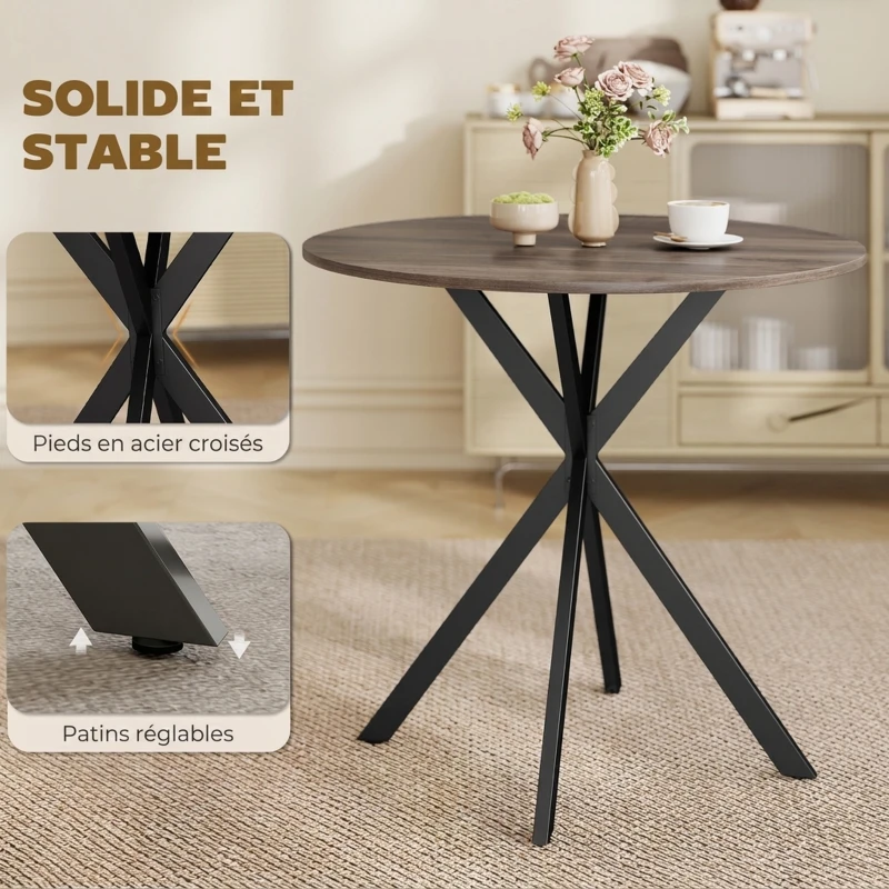 HOMCOM Table à Manger Ronde pour 2 Personnes avec Plateau Aspect Bois et Piètement Croisé en Acier, Marron