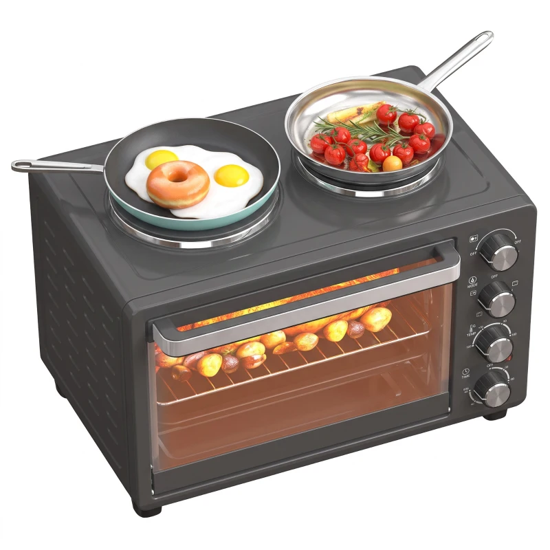 HOMCOM 28 L Toasterofen, Kompakter Backofen zum Kochen und Grillen, Elektro-Ofen mit Backblech, Grillrost, 2600W, Schwarz