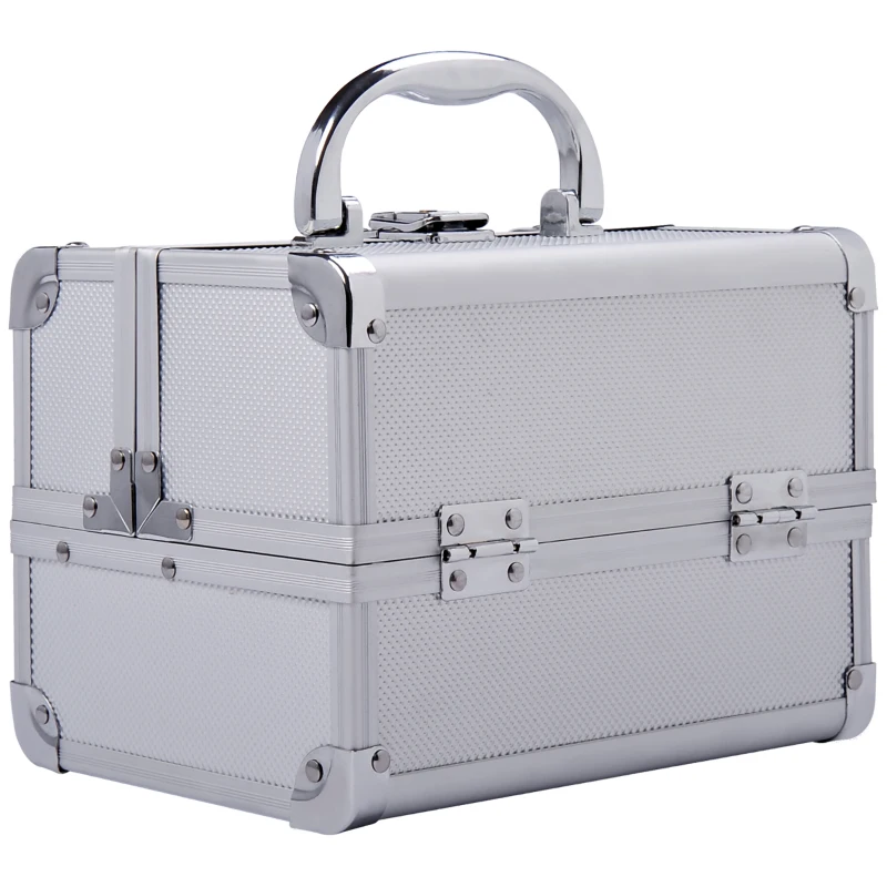 HOMCOM Maletín Maquillaje Profesional Estuche de Cosmético Portátil con Bandejas de 3 Niveles y Espejo 2 Llaves para Joyero Manicura Viaje 20x15x15 cm Plateado