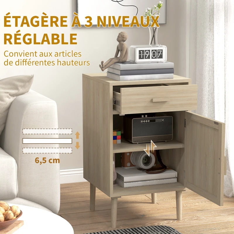 HOMCOM Lot de 2 tables de chevet, tables de nuit avec tiroir et placard, étagère réglable, 40 x 40 x 68,5 cm, chêne