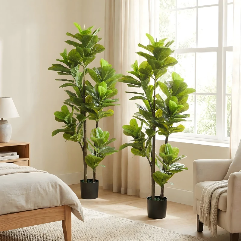 HOMCOM Lot de 2 plantes artificielles intérieures 150 cm, fausse plante à figuier lyre avec pot en ciment, vert