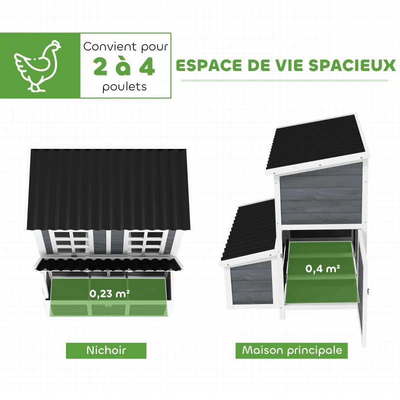 PawHut Poulailler en bois XL avec nichoir 3 compartiments tiroir amovible toit imperméable porte-rampe 100x86x100cm gris