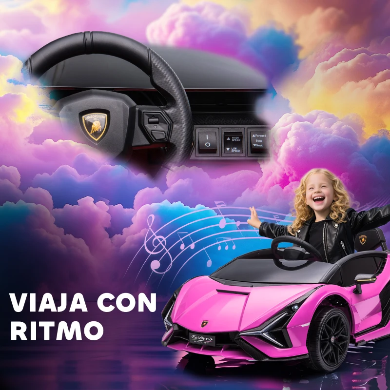 HOMCOM Coche Eléctrico para Niños de +3 Años Lamborghini SIAN Coche de Batería 12V con Mando a Distancia Apertura de Puerta Música MP3 USB y Faros 3-5 km/h 108x62x40 cm Rosa