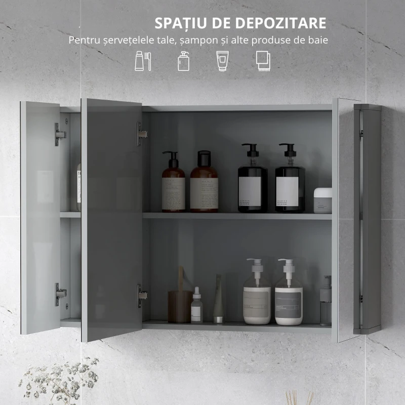 kleankin Dulap de baie suspendat cu 3 uși oglindă și polițe reglabile din MDF Gri dim. 90L x 15l x 60H cm