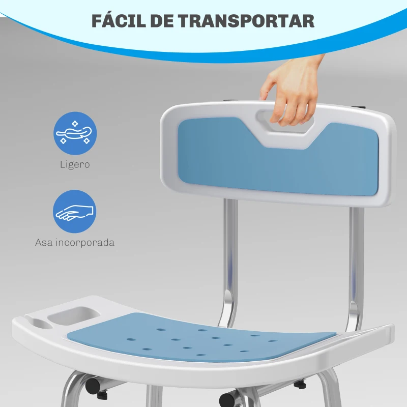 HOMCOM Silla Ducha Personas Mayores con Respaldo Altura Ajustable en 6 Posiciones Carga 136 kg para Ancianos y Discapacitados