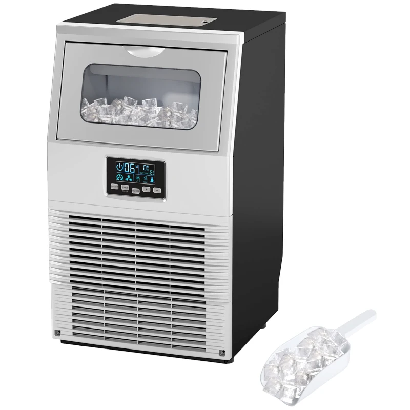 HOMCOM Kommerzielle Eiswürfelmaschine, LED-Beleuchtung, leicht lesbare Anzeigen, mit Schaufel, Silber
