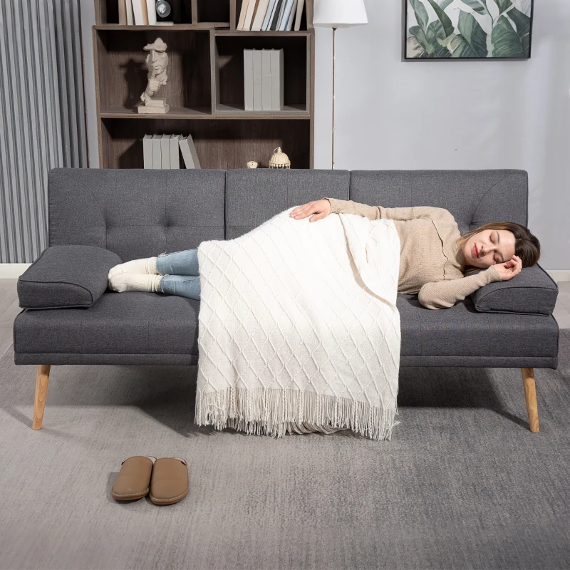 HOMCOM Canapé convertible 3 places, canapé-lit rembourré avec dossier réglable 3 niveaux, 2 coussins et 2 porte-gobelets intégrés, tissu de lin, pour salon, chambre d'amis, petit espace, gris foncé
