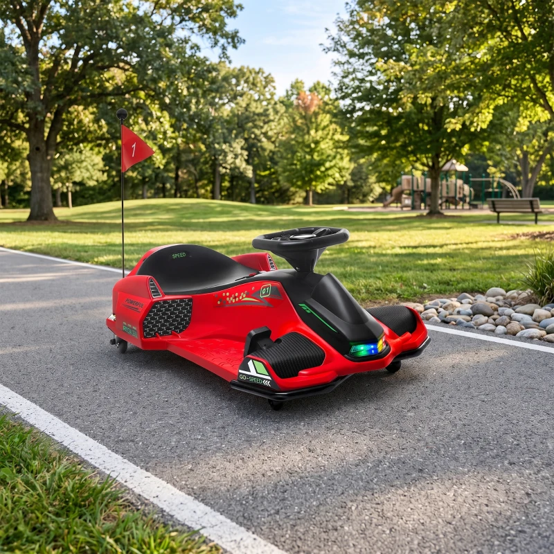 HOMCOM Elektrisches Go-Kart für Kinder, Gummiräder, 3-8 km/h, mit Lichtern und Musikfunktion, Rot(m-9)