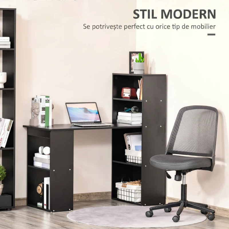 HOMCOM Birou PC din Lemn cu 6 Rafturi Laterale pentru Depozitare, 120x55x120 cm, Negru