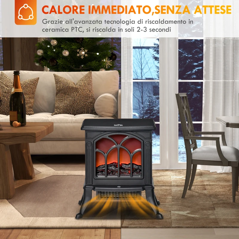 HOMCOM Camino Elettrico da Terra con 2 Livelli di Potenza 750/1500 W, Effetto Fiamma, Area di Copertura 15-20 m², Nero