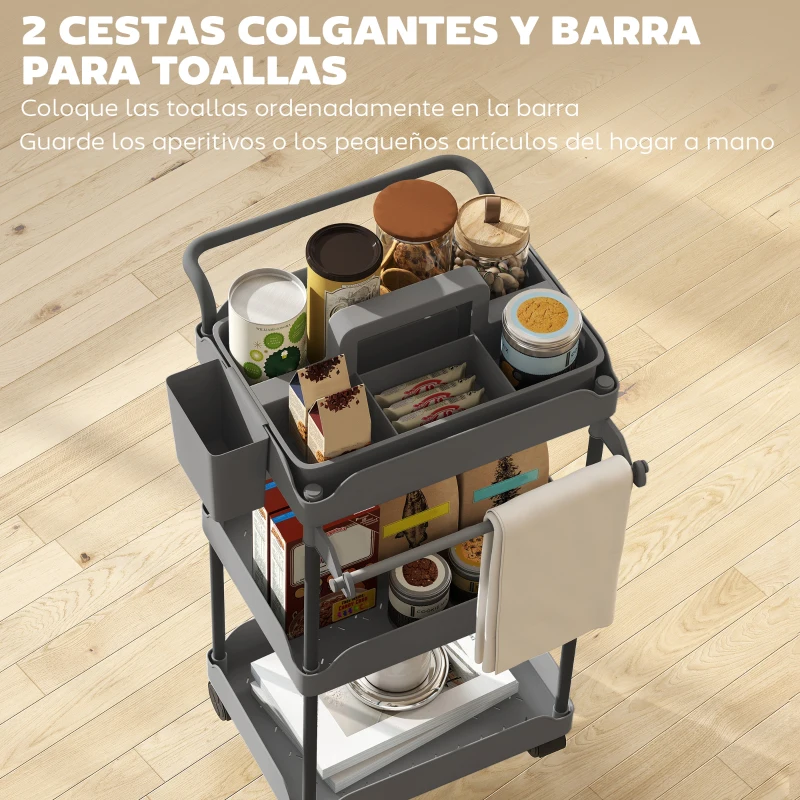 HOMCOM Carrito Auxiliar con Ruedas de 3 Niveles Carrito de Cocina con Cestas Extraíbles y Soporte para Toallas Gris