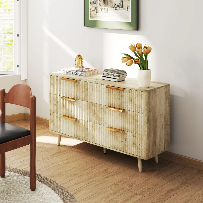HOMCOM Cómoda com 6 Gavetas para Dormitório com Frentes das Gavetas Estriadas e Pés de Madeira 120x40x76 cm Madeira