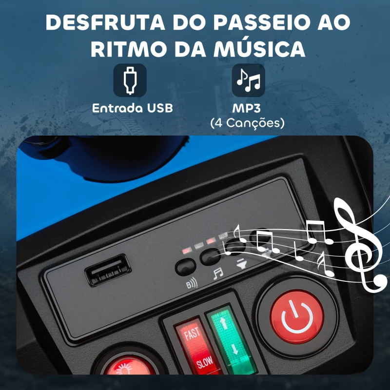 AIYAPLAY Quadricilo Elétrico para Crianças 24V com 2 Lugares 2 Motores Velocidade até 6,5 km/h Faróis Buzina Música e USB 109x68,5x76 cm Azul