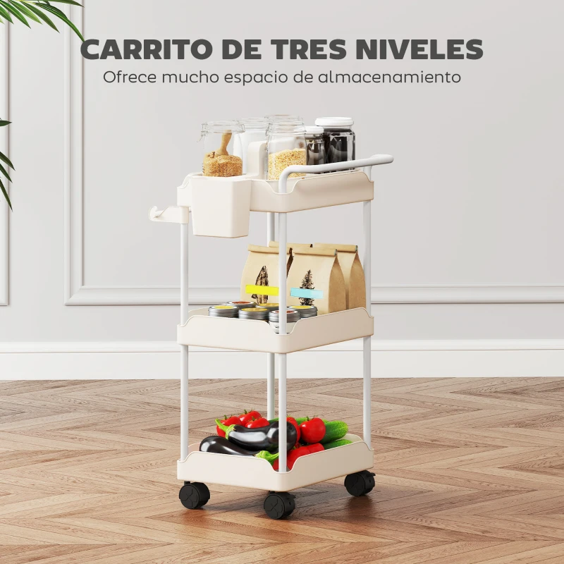 HOMCOM Carrito Auxiliar con Ruedas de 3 Niveles Carrito de Cocina con Cestas Extraíbles y Soporte para Toallas Blanco