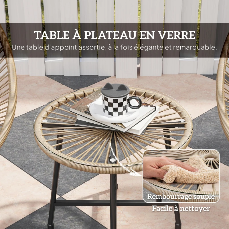 Outsunny Salon de jardin extérieur en résine tressée 2 personnes, plateau en verre trempé, pour balcon terrasse patio, naturel