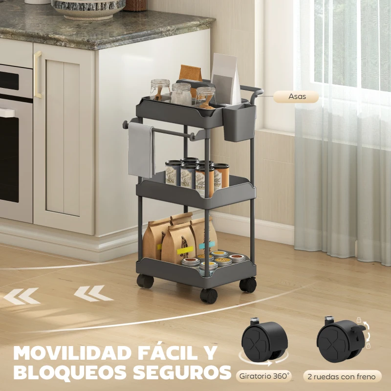 HOMCOM Carrito Auxiliar con Ruedas de 3 Niveles Carrito de Cocina con Cestas Extraíbles y Soporte para Toallas Gris
