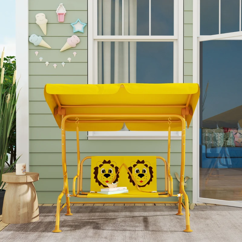 AIYAPLAY Dondolo per Bambini da Esterno a 2 Posti con Tettuccio Regolabile e Cinture di Sicurezza, 112x75x120 cm, Giallo