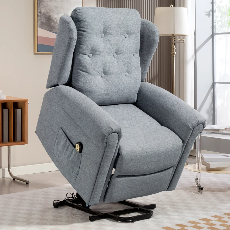 HOMCOM Poltrona Relax Reclinável Elétrica Poltrona Elevatória com Encosto Alto Capitonê Controlo Remoto 85x91x103 cm Cinza