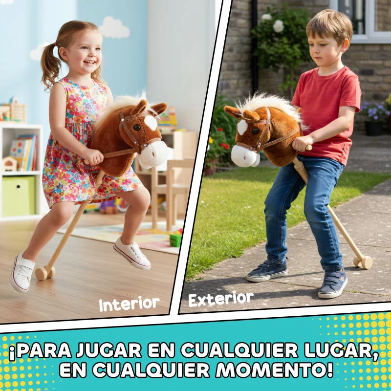 AIYAPLAY Cabeza de Caballo con Palo de Madera Sonidos y Ruedas Caballo de Juguete 95 cm de Altura Marrón