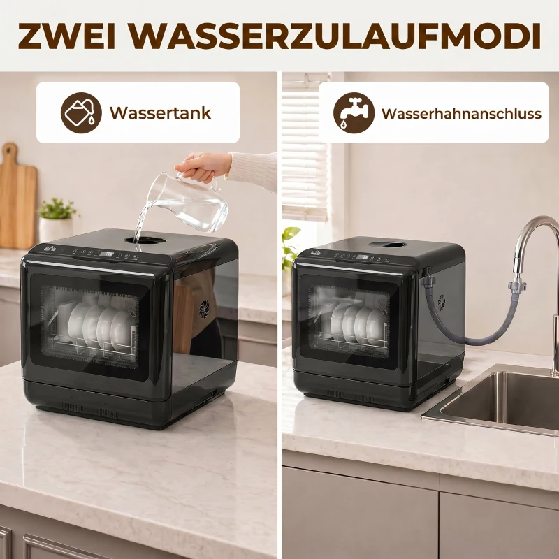 HOMCOM Tischgeschirrspüler, mit integriertem 6-Liter-Wassertank, 5 Programmen, 4 Gedecke, LED-Display Schwarz